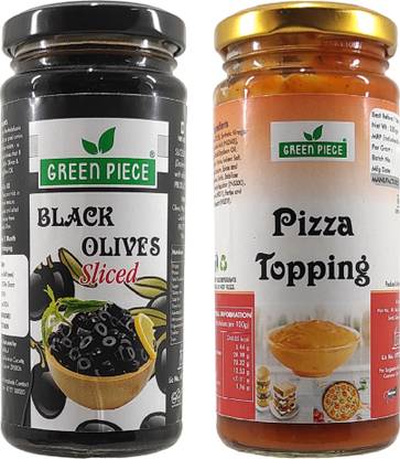 GREEN PIECE Pizza Topping (250gm) and Black olives Sliced (230 gm)(Pack of 2) Olives
