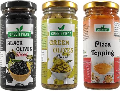 GREEN PIECE Pizza Topping (250gm),Green olives (230 gm) & Black olives (230 gm)(Pack of 3) Olives