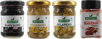 GREEN PIECE Black Olives, Green Olives, Jalapeno Sliced(120gm x 3), Red Chilli Flakes(50gm) Olives