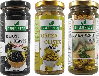 GREEN PIECE Black Olives (230gm),Green olives (230gm) and Jalapeno (230gm) (Pack of 3) Jalapenos
