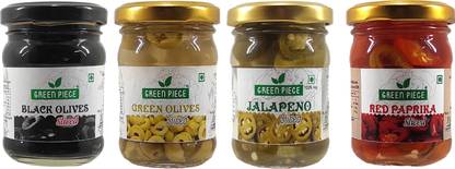 GREEN PIECE Black and Green Olives, Jalapeno Sliced, Red Paprika Slice(120gm x4)(Pack of 4) Olives