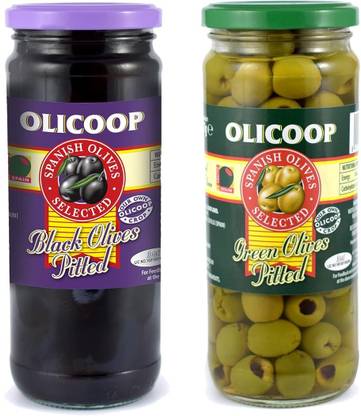 Olicoop Black pitted + Green pitted olive 450g pack of 1 each Olives
