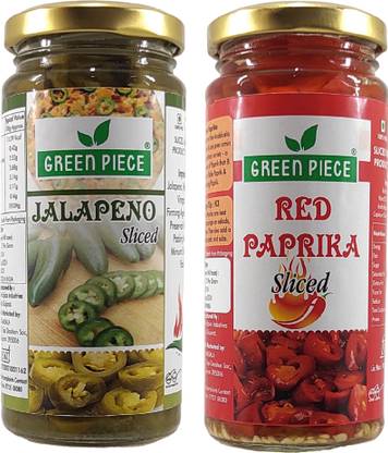 GREEN PIECE Jalapeno Sliced (230gm) and Red Paprika Sliced (230gm) (Pack of 2) Jalapenos
