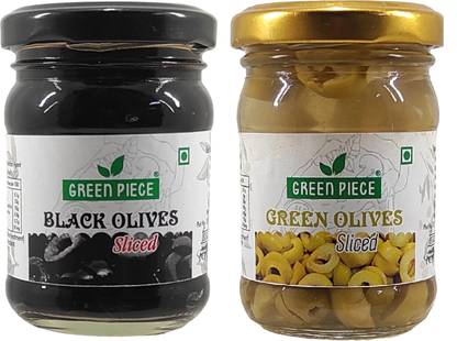 GREEN PIECE Green olives Sliced (120 gm) and Black olives Sliced (120 gm)(Pack of 2) Olives