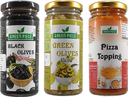 GREEN PIECE Pizza Topping (250gm),Green olives (230 gm) & Black olives (230 gm)(Pack of 3) Olives