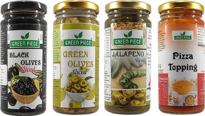 GREEN PIECE Black & Green olives(230 gm),Pizza Topping (250gm), Jalapeno(230gm)(Pack of 4) Olives