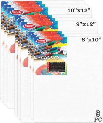 VARIETY WHITE CANVAS 10X12[3] 9X12[3] 8X10[3] PACK OF 9 COMBO Cotton Medium Grain Board Canvas, Primed Canvas Board (Set of 9)