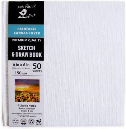 LITTLE BIRDIE Paintable Canvas Hard Bound Sketch And Drawing 150gsm 50 Plain Sheets Cotton Acid Free Acrylic Primed Board (Set of 1)