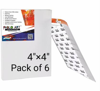 PABLO ART CONVAS BOARD 4*4 Cotton Medium Grain Board(Set of 6),(PURE WHITE) Cotton Medium Grain Board Canvas (Set of 6)