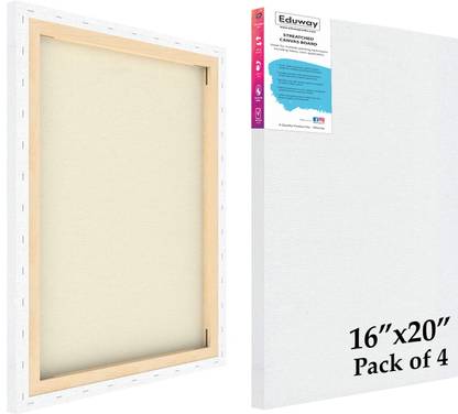 Eduway 16x20 In 10Oz. Primed Cotton Pre Stretched Canvas with Wooden Frame for Painting Cotton Medium Grain Stretched Canvas Board (Set of 4)