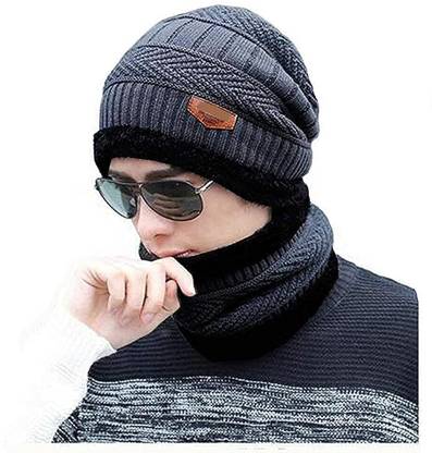 Zonkar Unisex Grey Winter woolen Beanie Knit Skull Hats with Neck Warmer for Men Women with Scarf Premium High Quality Cap Self Design Men & Women Muffler