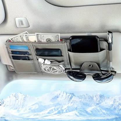 HSR PU Leather Car Sun Visor Organizer with Zipper - 9 Storage Compartments for Card Car Multi Pocket