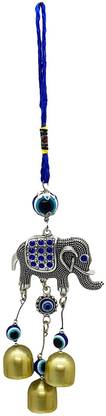 REVASHREE CRAFT WORLD Turkish Elephant Evil Eye with 3 Bell Hanging for Home Protection Car & Office Car Hanging Ornament