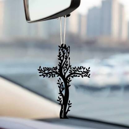 EliteAuto christian Tree Shape Holy Cross Car Rear View Mirror Hanging with Metal Chain Car Hanging Ornament