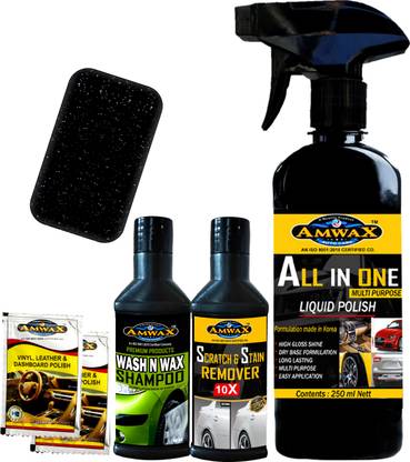 amwax ALL IN ONE POLISH 250 ML, SCRATCH & STAIN REMOVER 50 ML, WASH N WAX SHAMPOO 50 ML, VINYL LEATHER & DASHBOARD POLISH 10 ML x 2 PCS, APPLICATOR Combo