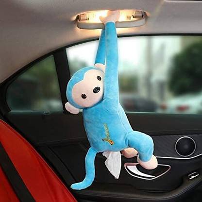 MOTOZOOP Cute Monkey Car Tissue Holder Hanging Tissue Box Napkin Box with Soft Toys Armrest Headrest Seat Tissue Napkin Box Holder Interior Car Accessories (Blue) Vehicle Tissue Dispenser