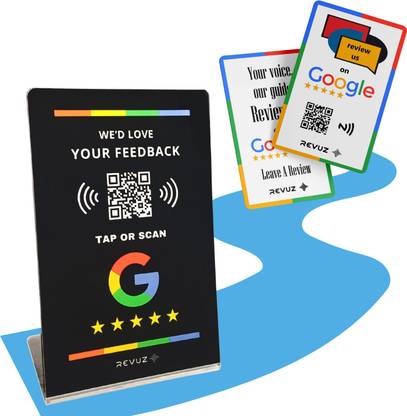 REVUZ Google Review Card & Standee with NFC and QR | Tap or Scan | Self Setup (Combo) Card Display Stand