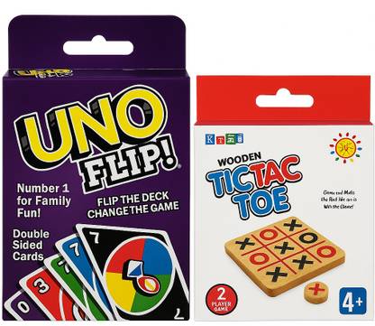 GN Wonders UNO Flip! Card Game + Wooden Tic Tac Toe Game | Family Fun Combo Pack |