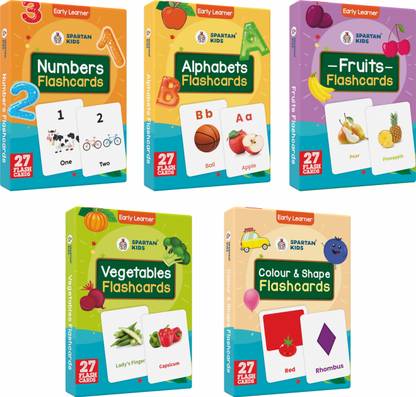 spartan kids My First Preschool Numbers Flash cards, Alphabets Flash cards, Fruits Flash cards, vegetables Flash cards, Color and Shape Flash cards (Combo Pack) Easy & Fun way of Learning-3yr-6yr Kids (Set of 5)