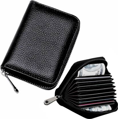 OFIXO Bits Black Card Holder Leather Business Card Holder Credit Card RFID Black Leather Zip Debit/Credit 10 Card Holder