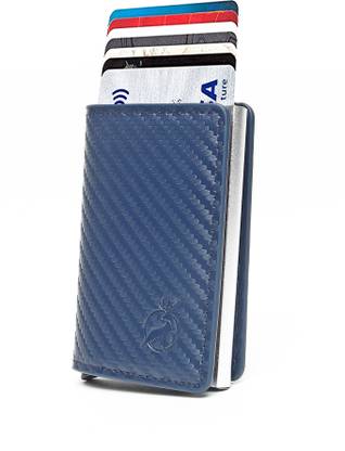 StealODeal RFID Protected Blue Aluminium Pop Up Card Holder with Leather Debit/Credit 8 Card Holder