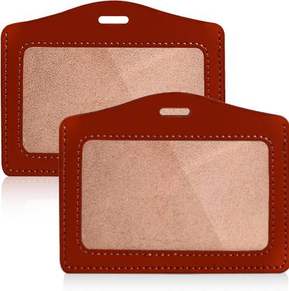 JSMSH Leather ID Badge Holder Horizontal ID Card Holder – Brown (Pack of 5) 10 Card Holder