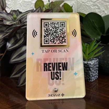 REVUZ Luxe Google Review Stand | Premium Acrylic Standee for Review | NFC Tap/QR (M9) Business Card