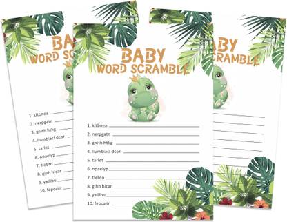 Inkdotpot 50 Pcs Word Scramble Fun Baby Shower Games Cards Dinosaur Theme Party Supply Invitation Card