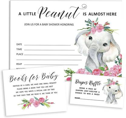 Inkdotpot Set of 30 Floral Baby Elephant Invitations Baby Shower Book Request Cards Invitation Card