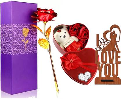 Nyaro Artificial Flower Box Soft Toy & Wooden I Love you Showpiece Greeting Card