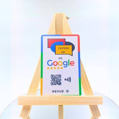 REVUZ Google Review Card with Wooden Display Stand - NFC tap or QR Code scan Business Card
