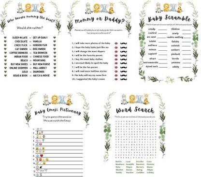 Baby Shower Game (5 Games - 10 of Each) Word Search, Scramble, Baby Emoji & More (10 Pieces Each) (1)