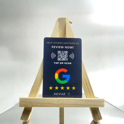 REVUZ Google Review Card with Wooden Display Stand - NFC tap or QR Code scan Business Card