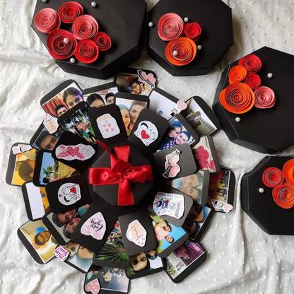 Chandrans Creation Four Layer Black Red Photo Explosion Box | Birthday Anniversary Greeting Card