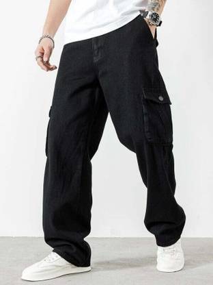 BWOLVES Mens Relaxed Fit Cotton Black Cargo Jeans Men Cargos