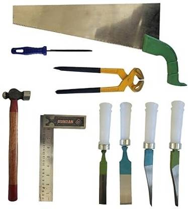 Implemental Carpenter Tools Combo(14"Wooden Saw, 8"Try Square, 1/2",5/8",3/4" 1 1/4" Chisel) Combination Square