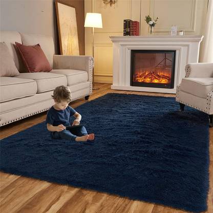 Shag Weaving Dark Blue Polyester Runner