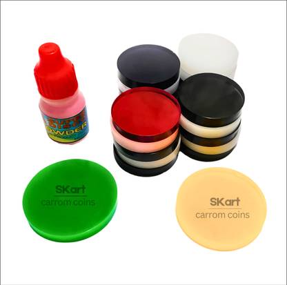 skart Acrylic Carrom Board Coins – 6MM Set with 2 Strikers & Carrom Powder Carrom Pawns