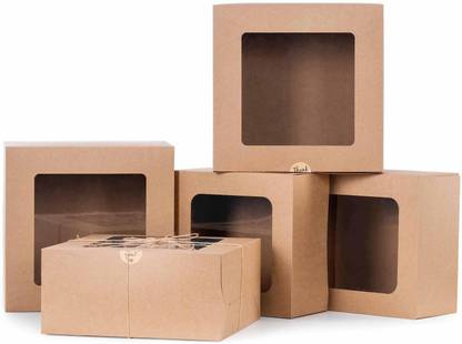 KHAANA PACKAGING Cake Box Paper WINDOW CAKE BOX PACK OF 5 SIZE -9X9X5 Paperboard Lock Corner Window Bakery Box Packaging Box