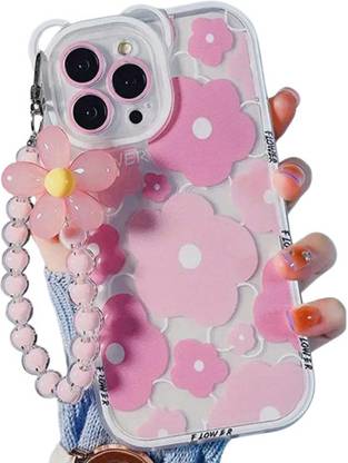 PEEPERLY Back Cover for iPhone 15 Pro Hand Painted Pink Flower Pattern Lanyard Case