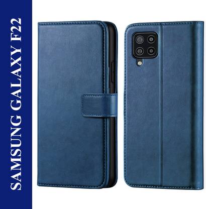Kreatick Back Cover for Samsung Galaxy F22 - Inbuilt Stand & Card Pockets | Hand Stitched | Wallet Flip Case