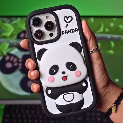 VURIOZZ Back Cover for iPhone 16 Pro Max Cute Panda with Mirror and Stand Case, Soft Silicone 3D Cartoon & Holder