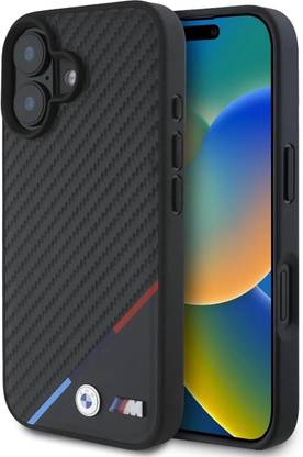 CG Mobile Back Cover for iPhone 16 BMW [Official Licensed] M Colletion With Mag-Safe PU Carbon Tricolor Stripe Case