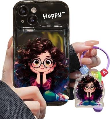 PEEPERLY Back Cover for iPhone 15 Plus Cartoon Geek Girl Mirror Case with Charm