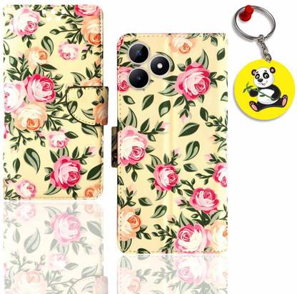 HANIRY Back Cover for Realme C53 flip cover | RMX3760 flip cover | Rose flower | Panda Keychain | ND_01