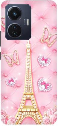ThePrintlink Back Cover for Vivo T1 44W, EIFFEL TOWER, PARIS, BUTTERFLY, BIRD, PINK