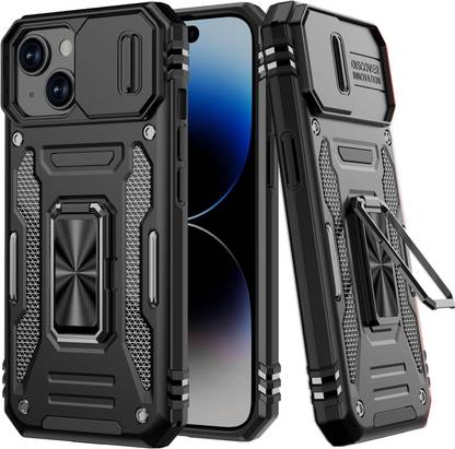 ShieldTech Back Cover for iPhone 15, Sliding Camera Shield Cover & 360° Protection Ring Stand Mobile Phone Case