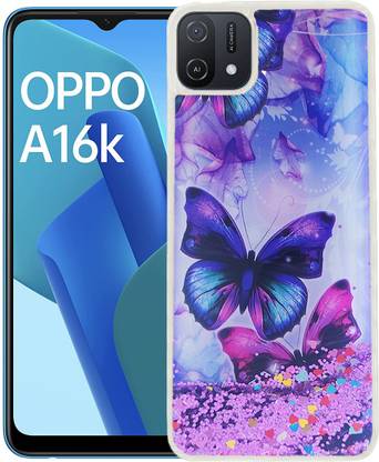 GBAKS Back Cover for OPPO A16K Fully Glitter and Liquid with Printed BUTTERFLY in The Middle