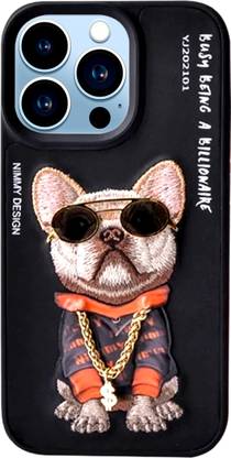 KIDON Back Cover for iPhone 13 Pro, Embroidery 3D Nimmy Pug Chain Leather Mobile Case