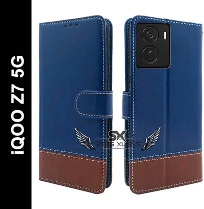SESS XUSIVE Flip Cover for iQOO Z7 5G -Dual-Color Leather Finish Wallet - Blue & Brown